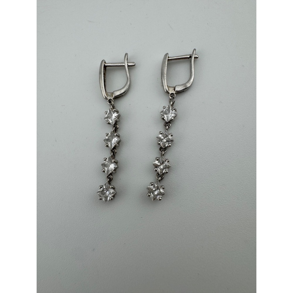 Silver Tone Clear Cubic Zirconia Tiered‎ Drop Dangle Lever Back Earrings